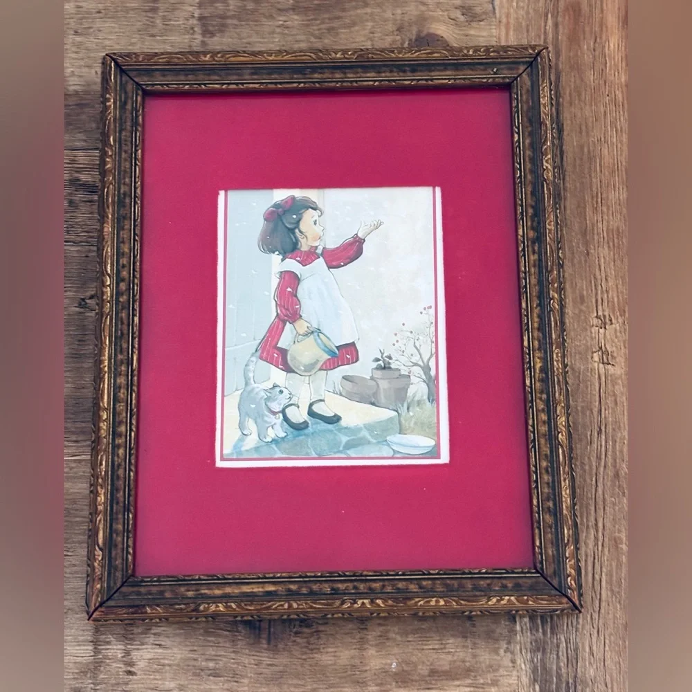 Vintage 8x10 Gold Frame + Red Velour Mat Picture. Cottage-core | Wall Art Decor